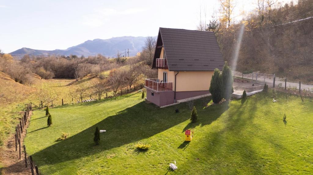 a small house on a green field with a building at Planinska kuća S&I in Dejčići