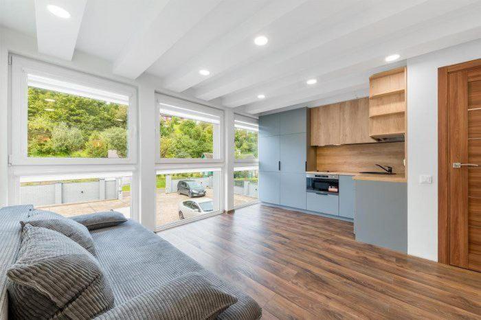 a living room with a couch and a kitchen at Studija-butas Markučiuose in Vilnius
