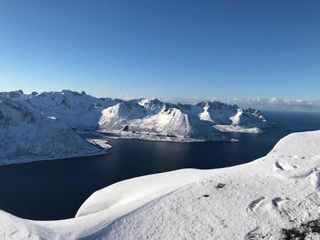 a body of water with snow covered mountains at Solstad in Senja
