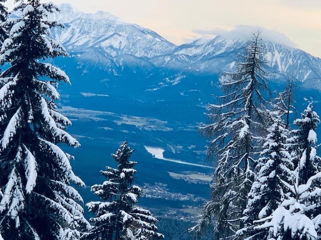 a view of a snowy mountain range with snow covered trees at DeliApart Ossiacher See in Sattendorf