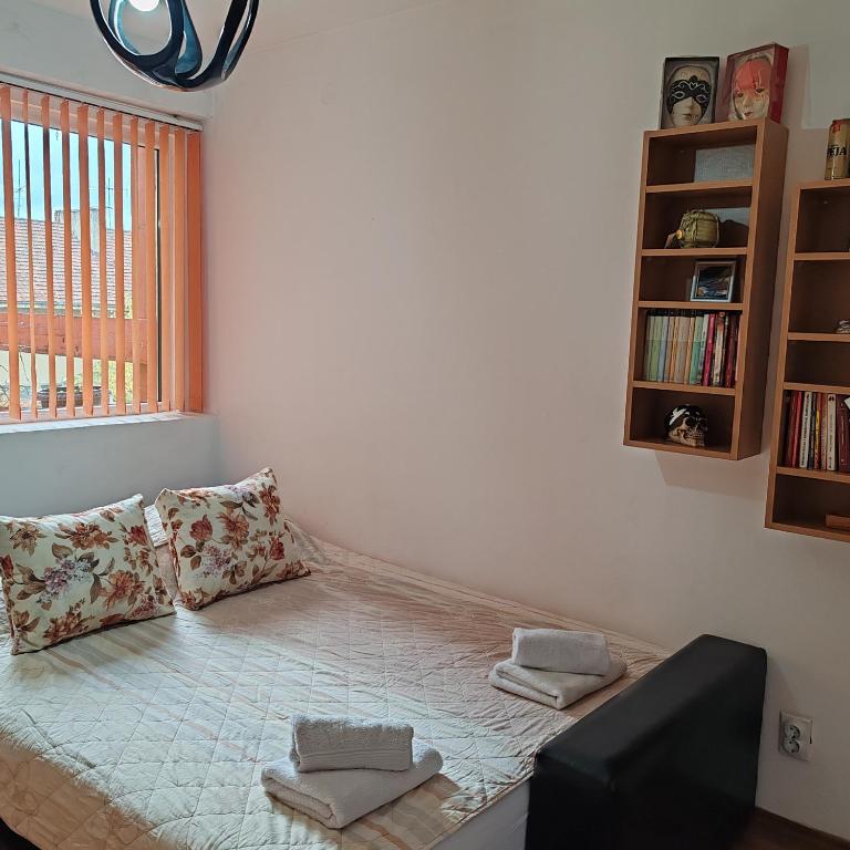 una camera da letto con un letto con due cuscini sopra di Merak stan na dan a Vranje