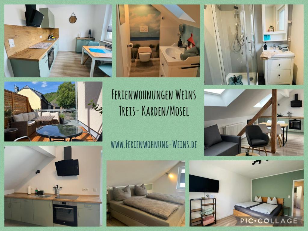 a collage of pictures of a living room at Ferienwohnung Weins in Treis-Karden