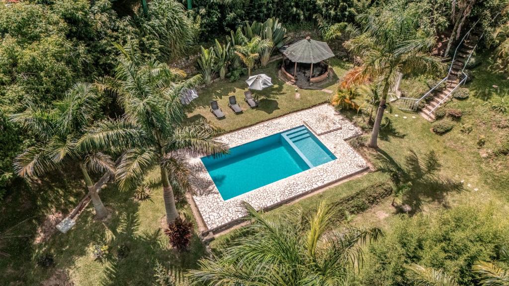 an overhead view of a swimming pool in a yard with palm trees at Aurora Ecoliving Finca a 30 minutos de Medellín in Girardota