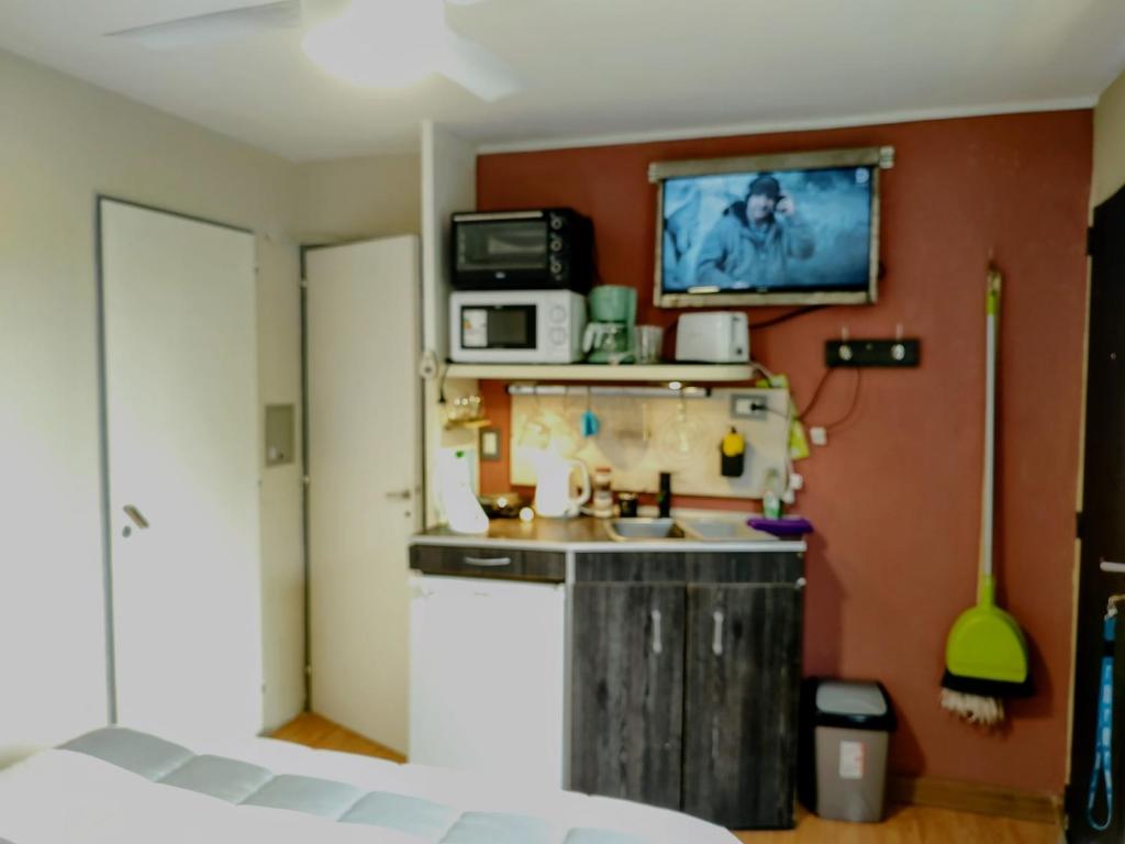 a kitchen with a sink and a microwave at Microbed in Cipolletti