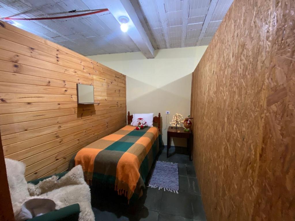 a bedroom with a bed and a wooden wall at kitinet centro econômico in Santo Antônio do Pinhal