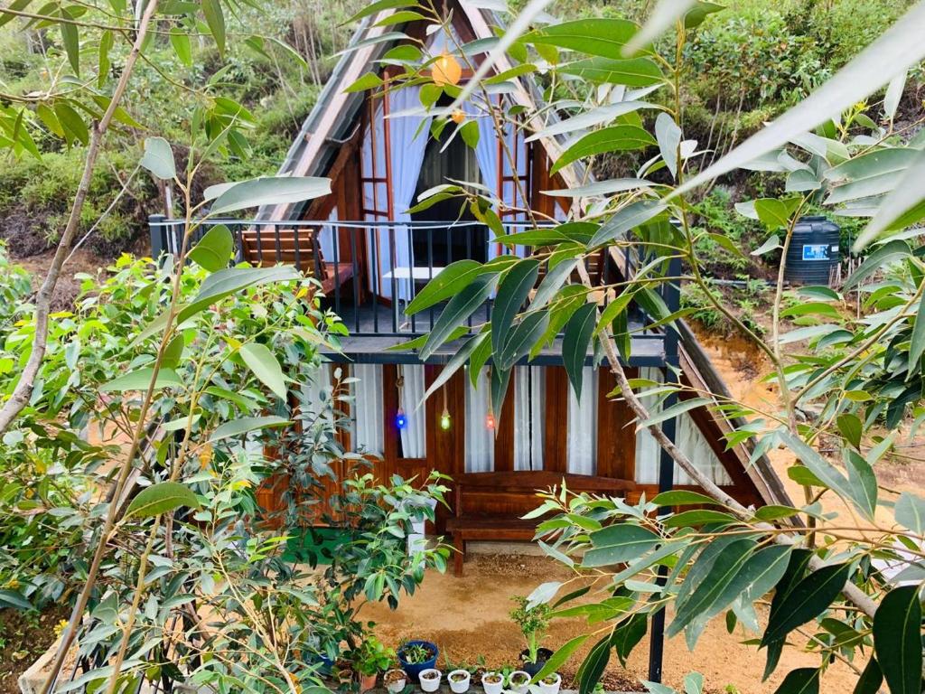 une maison avec un escalier en bois au milieu des arbres dans l'établissement Namunuku mount heaven cabana & resort,passara, à Passara