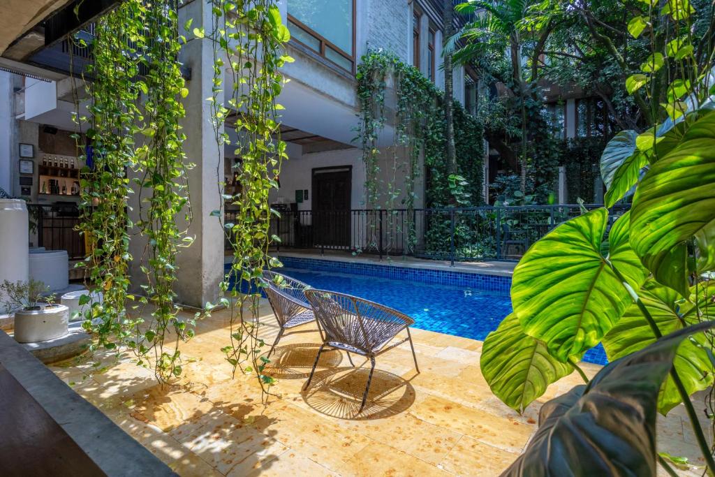 a pool with two chairs and plants next to a building at Alko Hotel Casa Nispero in Cali