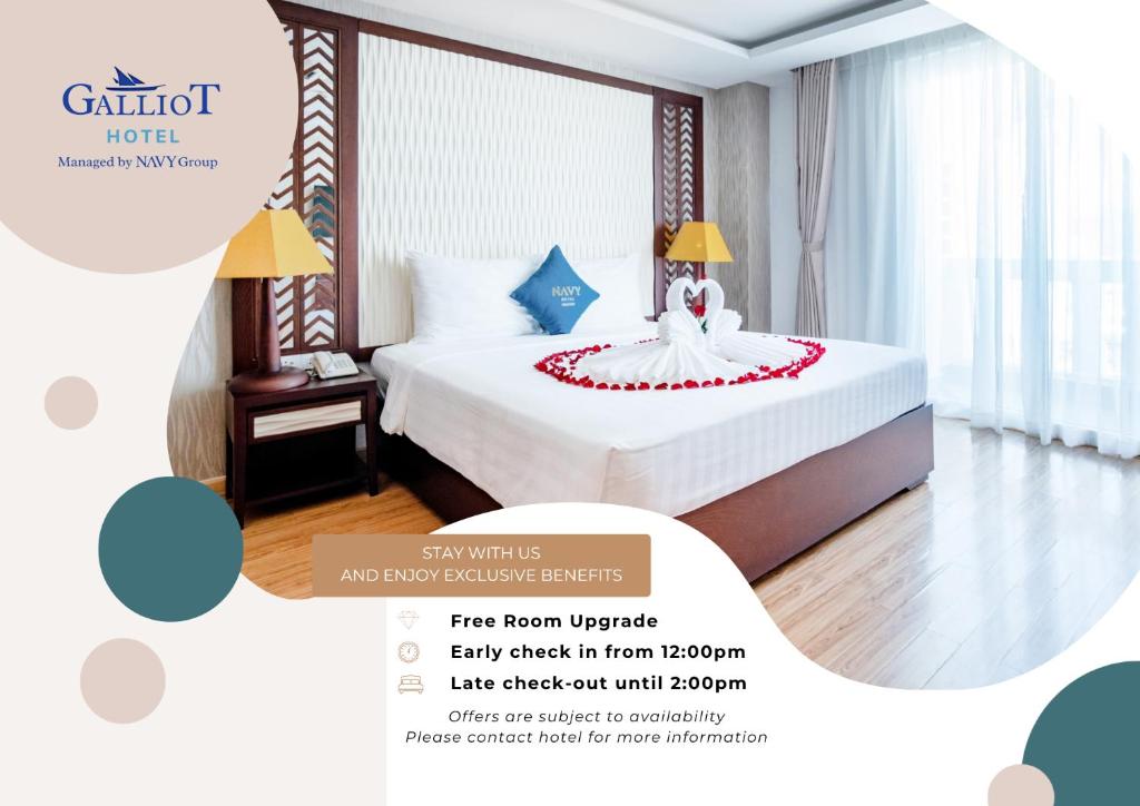 芽庄Galliot Hotel Nha Trang的酒店客房的一张海报,配有一张床