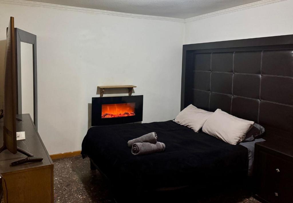 a bedroom with a bed with a fireplace on the wall at SUITE 6, Centro de Cuauhtémoc Chihuahua in Cuauhtémoc