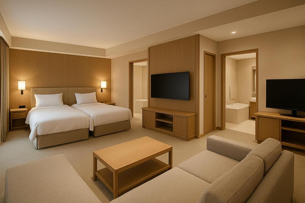 a hotel room with two beds and a flat screen tv at Busan Seomyeon Nestly Hotel in Busan