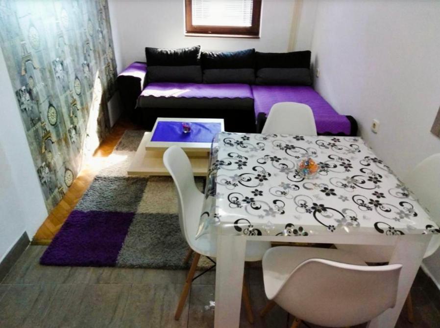 a dining room with a table and a couch at Jednosoban stan centar Ela in Pirot