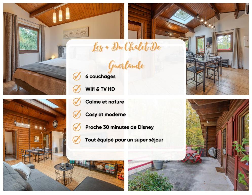 a collage of photos of a house with a wedding invitation at Le chalet forestier de Guerlande - Disney 20min in Pézarches