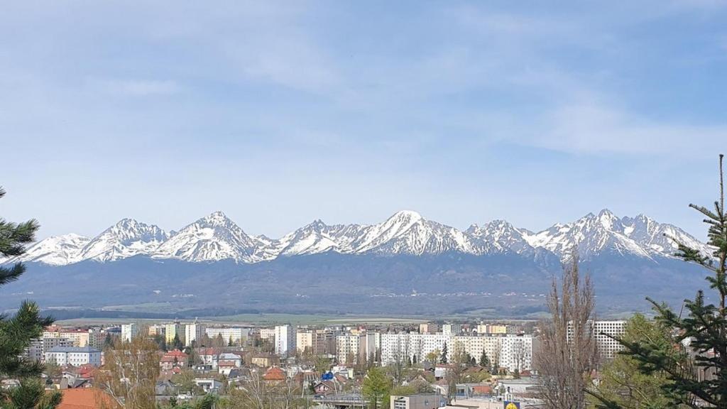 a view of a city with snow capped mountains in the background at Apartmán Mikaela 68 m2 in Poprad