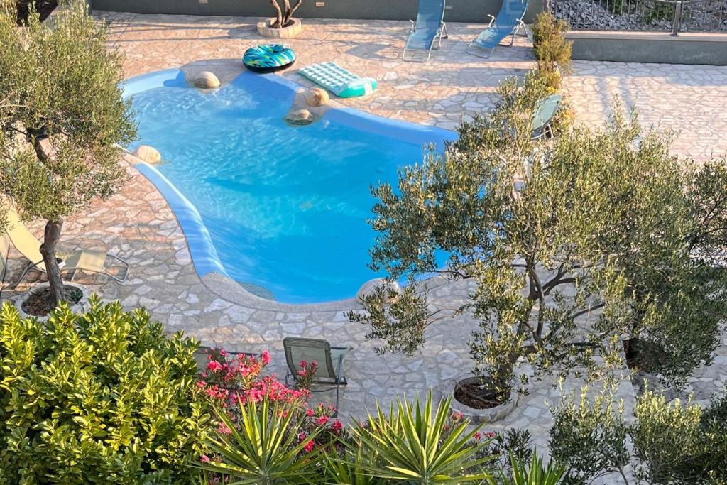 an overhead view of a swimming pool with trees and plants at Villa Last Chance, Brač in Povlja