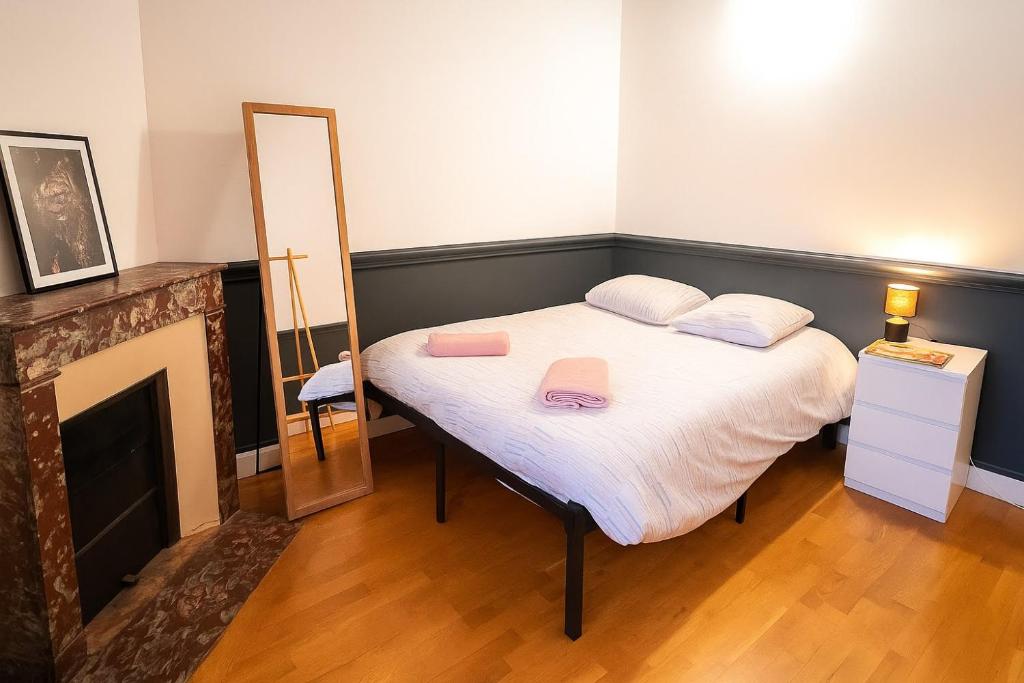 Schlafzimmer mit einem Bett mit einem Spiegel und einem Kamin in der Unterkunft Maison charmante avec patio ! in Bourges