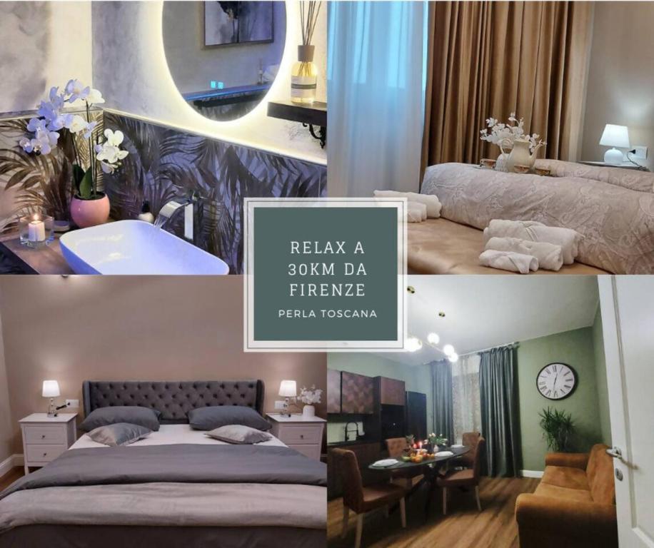 a collage of pictures of a bedroom and a bathroom at Perla Toscana - Relax a 30 km da Firenze in Podere Modello