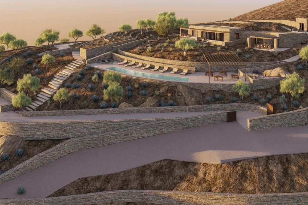 Una representación artística de un anfiteatro planificado en una montaña. en Faos Kea Boutique Hotel, en Koundouros