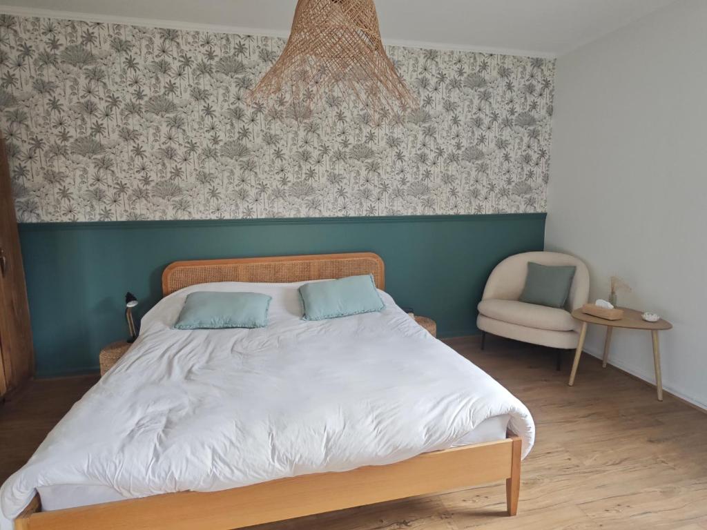 a bed with two pillows and a chair in a bedroom at Grande chambre cosy très proche centre ville in Le Mans