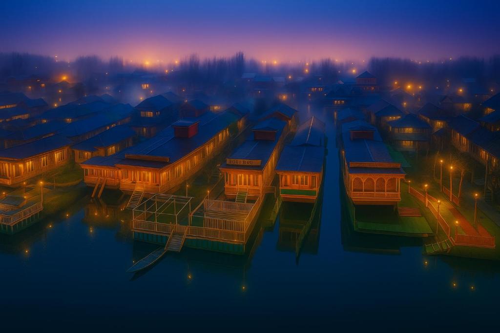 Un grupo de casas sobre el agua por la noche en The Heritage Group Of Houseboats, en Srinagar