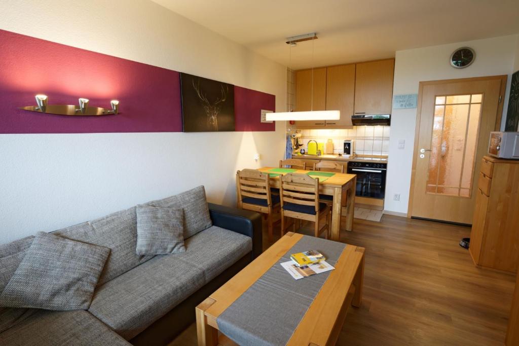 a living room with a couch and a table and a kitchen at Relax 6 in Hahnenklee-Bockswiese