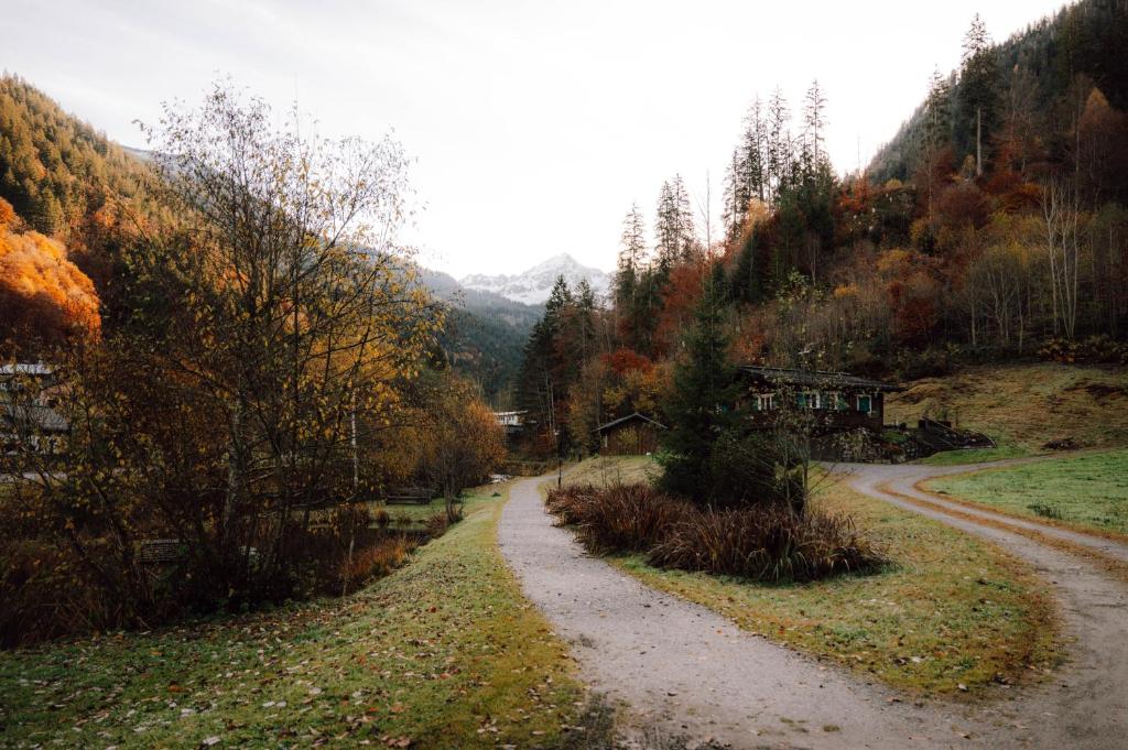 a dirt road in the middle of a mountain at Zalbander Chalets in Silbertal