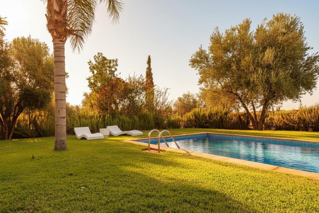 a swimming pool in a yard with a palm tree at Luxury Villa - Pool Atlas Views & Wakeboard Lake in Marrakech