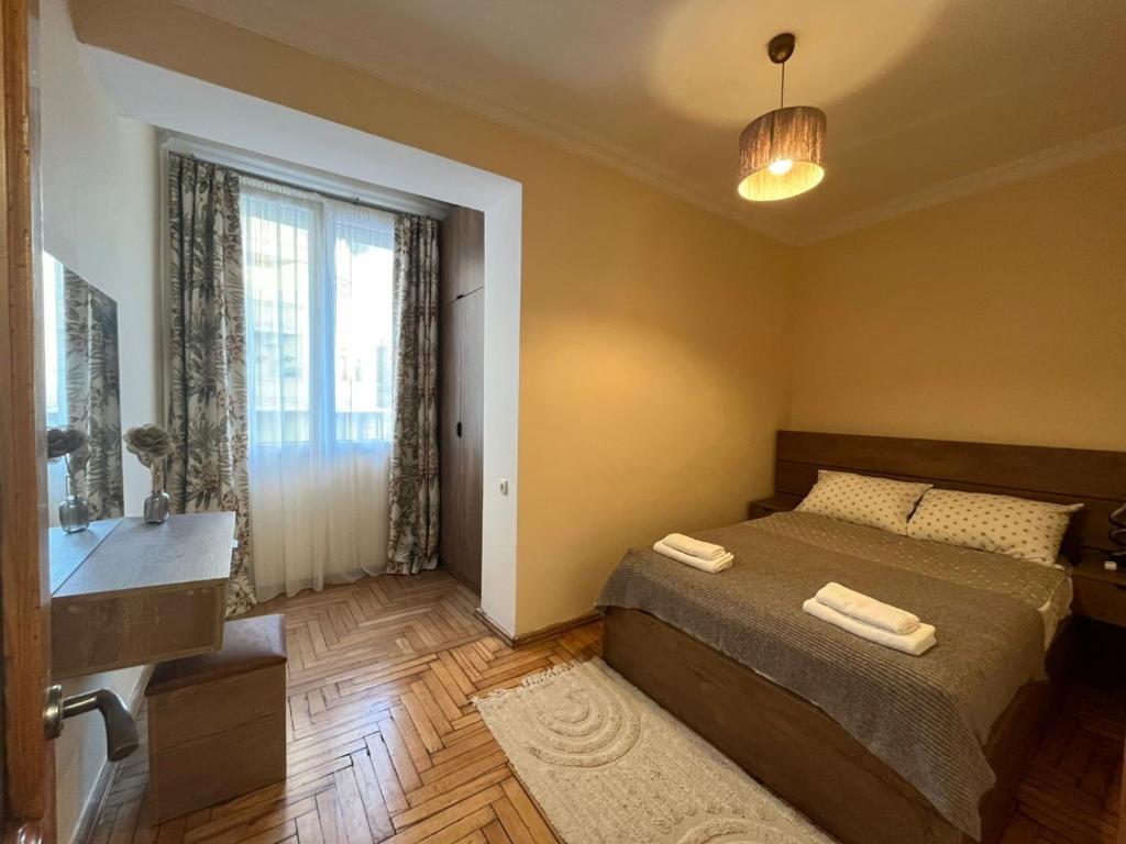 巴统Tamara的一间卧室配有床、水槽和窗户