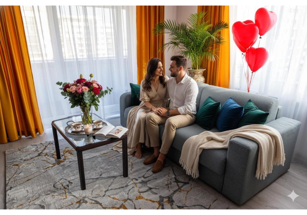 Un hombre y una mujer sentados en un sofá con corazones en Apart B&V, en Brasov