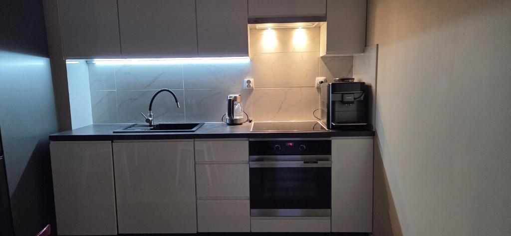 a small kitchen with a sink and a microwave at Apartament Srebrny Quick Park Oława in Oława