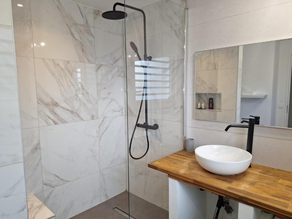 クルドサックにあるEasy Friendly SXMのガラスのシャワーと洗面台を備えたバスルーム