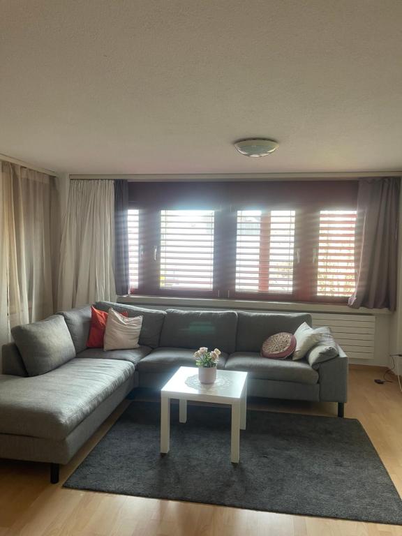 a living room with a couch and a table at Apartamento en el centro de rorschach in Rorschach