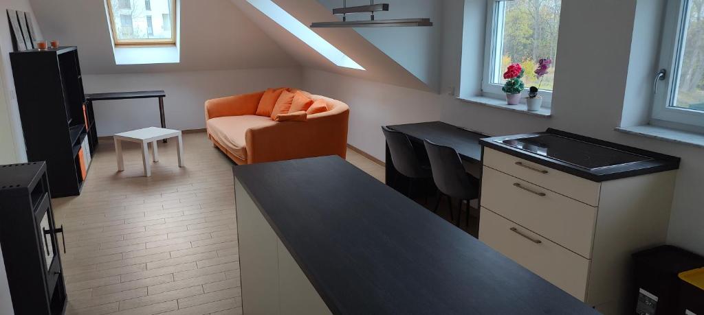 a living room with an orange chair and a table at Grüne Auszeit Dresden in Dresden
