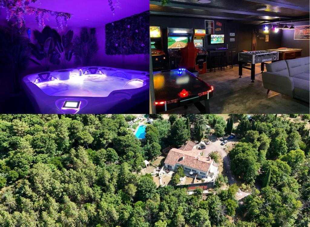 a collage of three pictures of a room with a tub in a forest at Domaine Le Rocher d Argent avec Piscine Extérieur ,Jacuzzi Intérieur et Salle de jeux in Berre-les Alpes