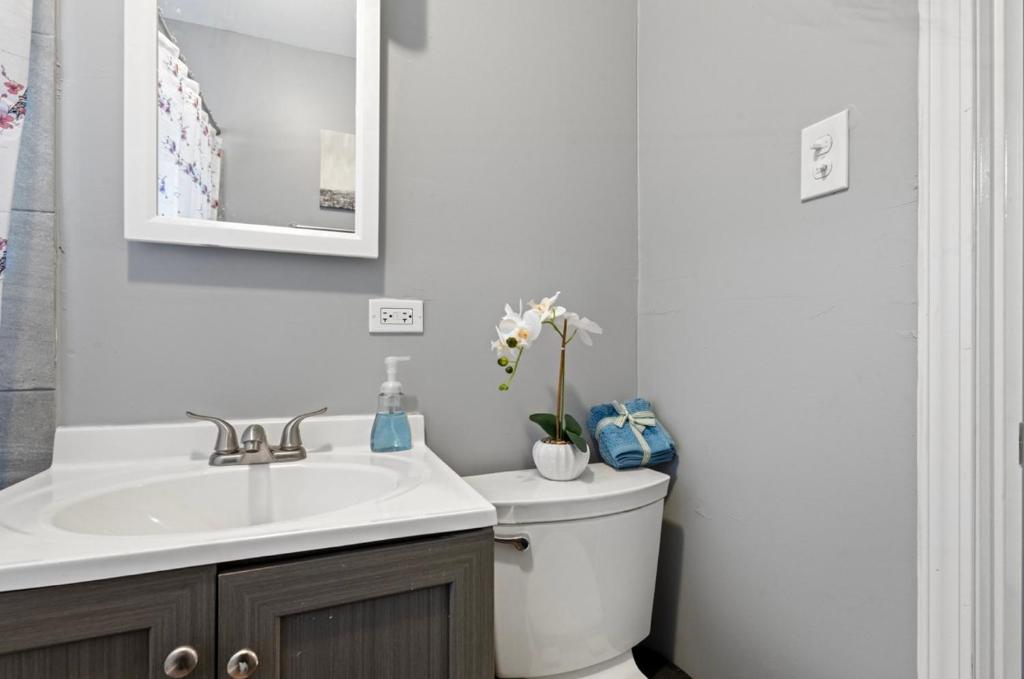 a bathroom with a sink and a toilet and a mirror at Serenity Home Free Parking & Wine in Burbank