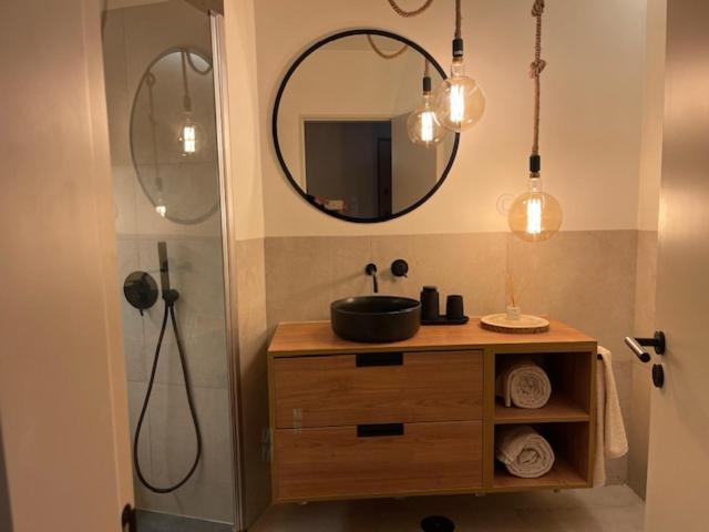 a bathroom with a sink and a mirror and a shower at BestHomeStay-Santiago do Cacém in Santiago do Cacém
