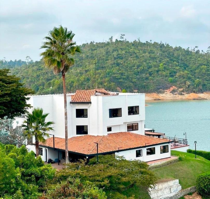 ein weißes Haus mit einer Palme vor dem Wasser in der Unterkunft Villa Santa Luz in La Pradera