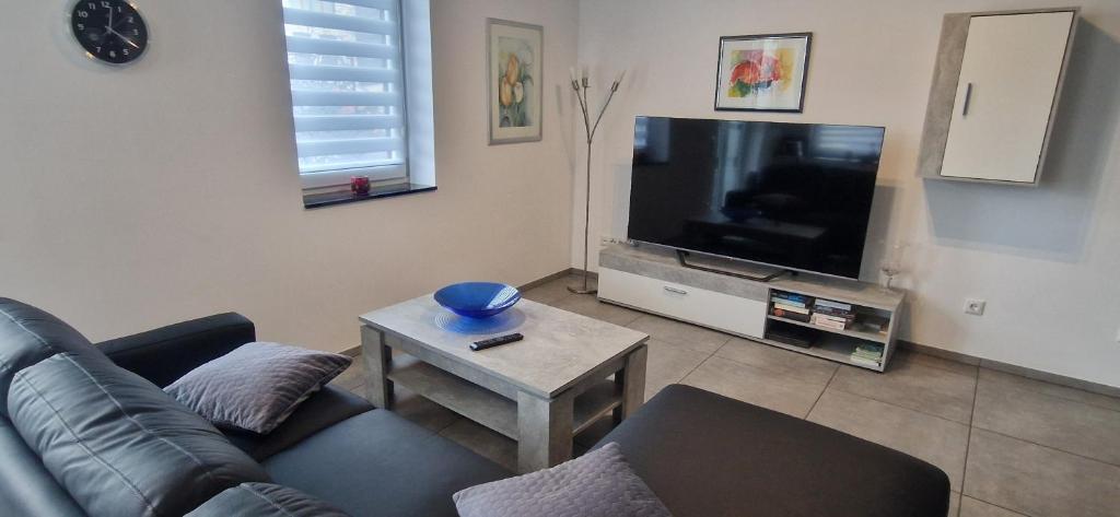 een woonkamer met een bank en een tv bij VivaNatura Eifelferienappartement in Simmerath