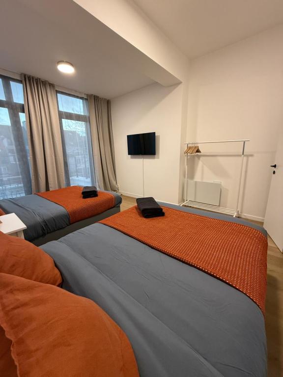 ブリュッセルにあるAppartment Wayez 3のベッド2台と薄型テレビ付きの部屋