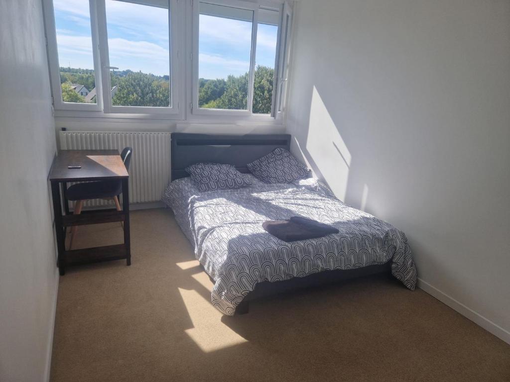 a bedroom with a bed and a desk and two windows at Proche rocade sud in Rennes