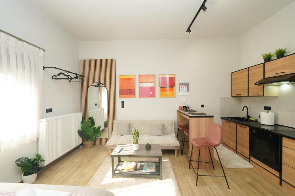 Stylish studio apartment with private yard في تريكالا: مطبخ وغرفة معيشة مع أريكة وطاولة
