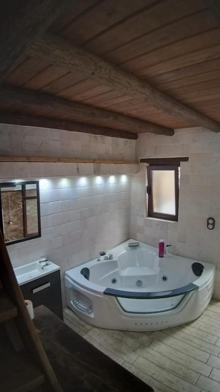 a large bath tub in a room with two windows at Las Golondrinas in Galaroza