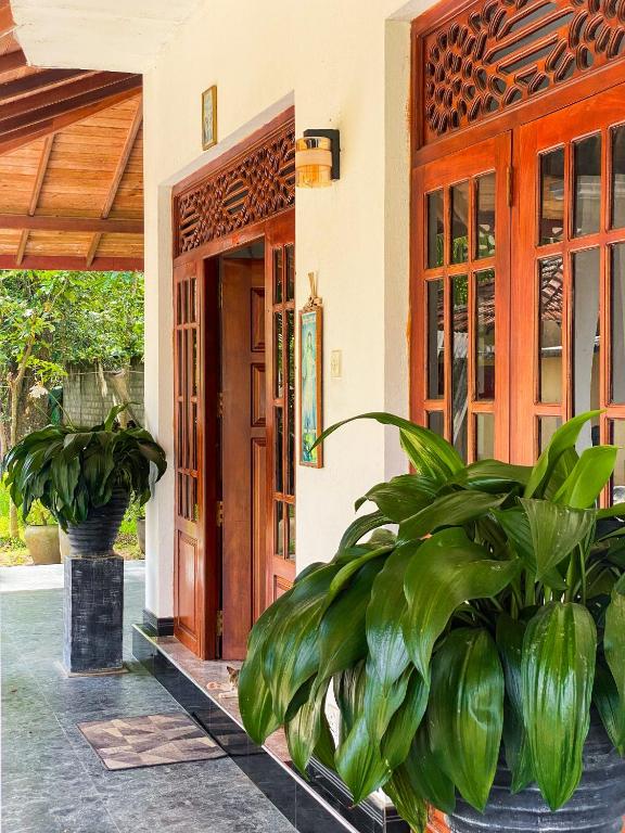an open door of a house with plants in front at Elegance Cottage in Dagonna
