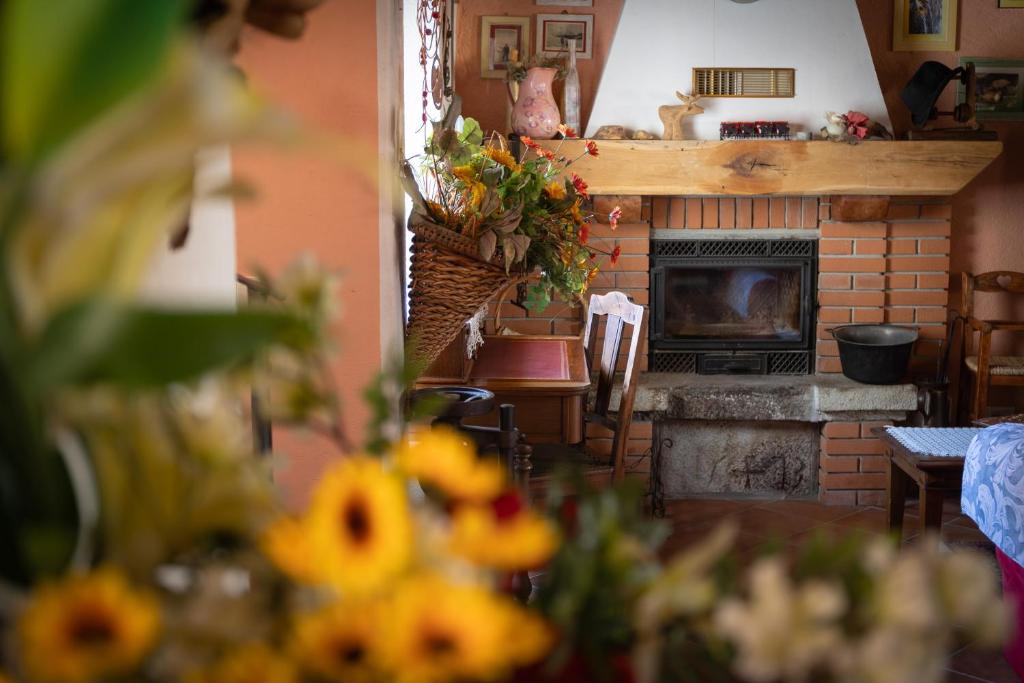 a living room with a fireplace and a table and chairs at Residenza Le Fontane in Ceppo Morelli