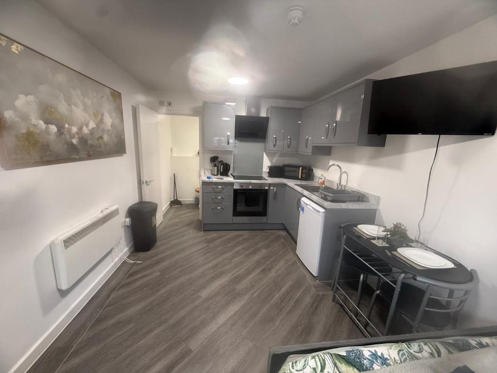 a small kitchen with gray cabinets and appliances at Modern Studio - Centre Maidstone in Maidstone