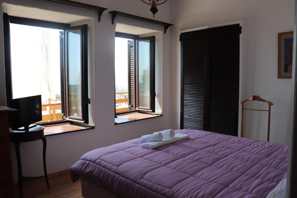 een slaapkamer met een paars bed met drie ramen bij Pelion country house in Volos