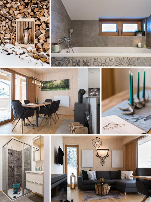 a collage of photos of a living room and dining room at Chalet Sunnseitn - auf der Turracher Höhe in Turracher Hohe