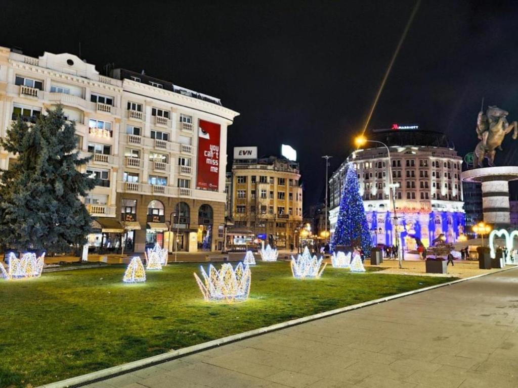ein Park mit Weihnachtsbaum und Gebäuden bei Nacht in der Unterkunft The Place in Skopje