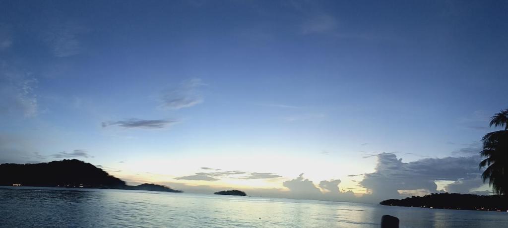 a sunset over the water with a palm tree at Nilka sunset house in Colón
