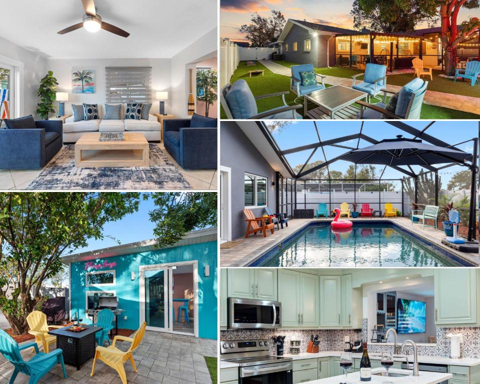 a collage of photos of a house with a pool at 6BR-Min to Beach-Htd Salt Pool-Lounge-Dining-Games in Seminole