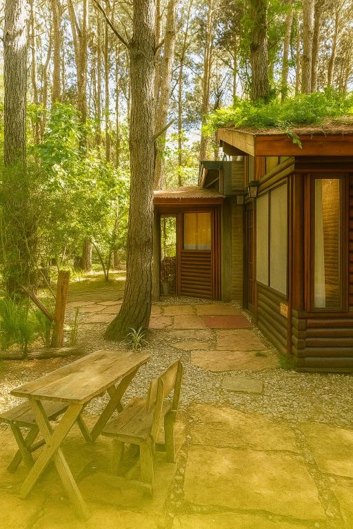 ラ・ルシラ・デル・マールにあるCabaña en El Pinar de La lucila del mar -de un piso-, El Pinar -6 personas-の小屋前のピクニックテーブル&ベンチ